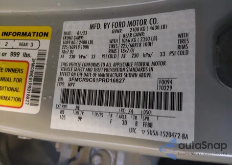 2023 Ford Bronco Sport Outer Banks z USA, uszkodzony, nr VIN 3FMCR9C61PRD16827